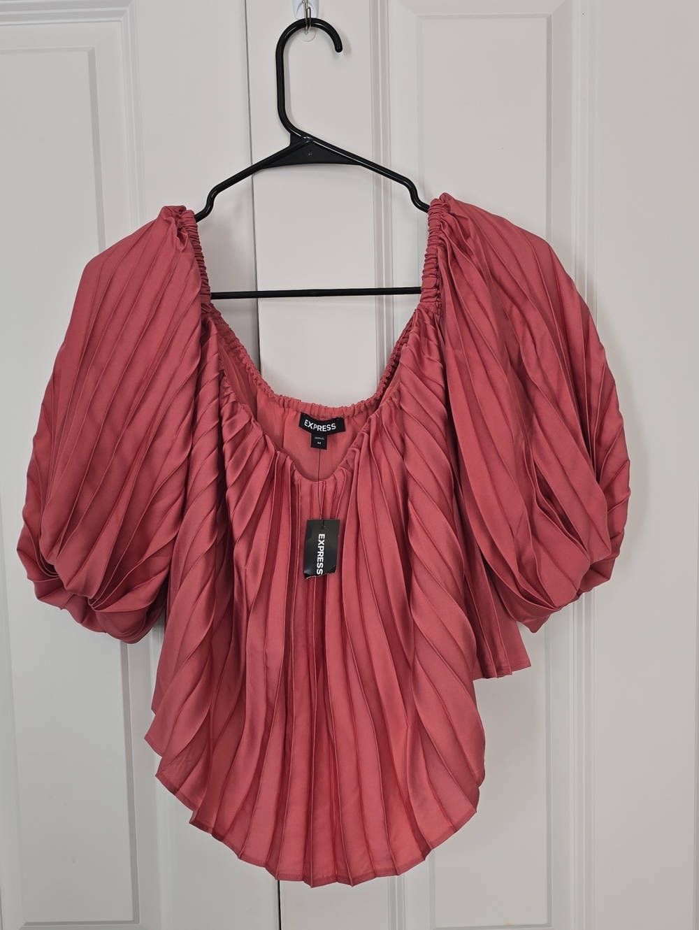 Express Women's Rose Pink Pleated Puff-Sleeve Top Last Photo Shows Fit